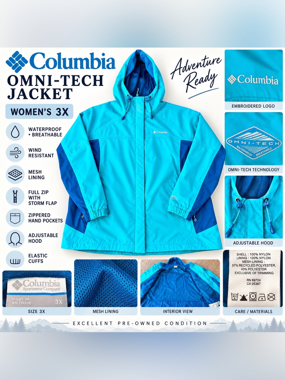 Columbia Women's Omni-Tech Rain Jacket in Teal and Royal Blue